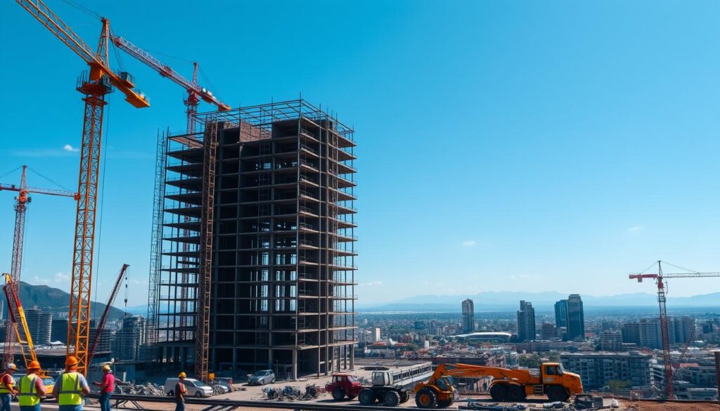 A bustling construction site in the heart of Johannesburg, South Africa. In the foreground, workers in high-visibility vests and hard hats navigate the landscape of cranes, excavators, and towering scaffolding. The midground showcases the framework of a new high-rise building, its skeletal structure rising against a cloudless azure sky. In the background, the vibrant cityscape of Gauteng province unfolds, with the distinctive silhouettes of Pretoria and Benoni visible in the distance. The scene conveys a dynamic, industrious atmosphere, reflecting the robust growth and evolving dynamics of the South African construction market in 2025. A bustling construction site in the heart of Johannesburg, South Africa. In the foreground, workers in high-visibility vests and hard hats navigate the landscape of cranes, excavators, and towering scaffolding. The midground showcases the framework of a new high-rise building, its skeletal structure rising against a cloudless azure sky. In the background, the vibrant cityscape of Gauteng province unfolds, with the distinctive silhouettes of Pretoria and Benoni visible in the distance. The scene conveys a dynamic, industrious atmosphere, reflecting the robust growth and evolving dynamics of the South African construction market in 2025.