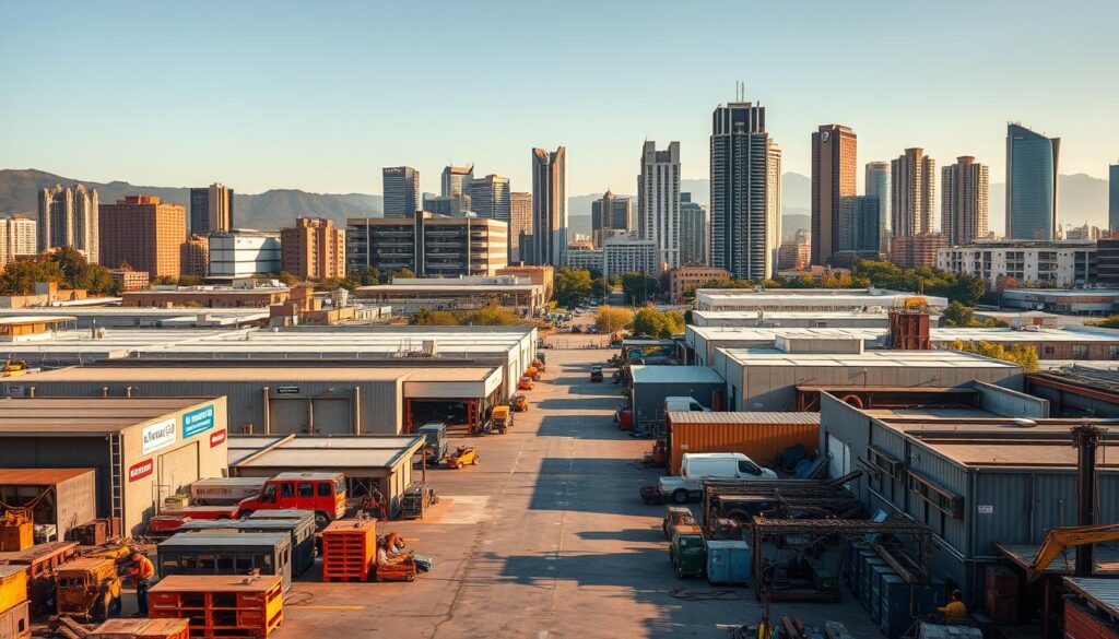 A bustling urban landscape showcasing the diverse welding service providers across Gauteng. In the foreground, a well-equipped welding workshop with skilled technicians at work, surrounded by modern equipment and tools. In the middle ground, a row of industrial warehouses and fabrication facilities, each with their own signage and branding. The background is filled with the towering skyscrapers of Sandton and Midrand, representing the thriving commercial and business center of the region. Warm, natural lighting illuminates the scene, casting soft shadows and highlighting the intricate details of the welding process. The overall atmosphere conveys a sense of efficiency, professionalism, and the reliable, high-quality welding services available throughout the Gauteng province. A bustling urban landscape showcasing the diverse welding service providers across Gauteng. In the foreground, a well-equipped welding workshop with skilled technicians at work, surrounded by modern equipment and tools. In the middle ground, a row of industrial warehouses and fabrication facilities, each with their own signage and branding. The background is filled with the towering skyscrapers of Sandton and Midrand, representing the thriving commercial and business center of the region. Warm, natural lighting illuminates the scene, casting soft shadows and highlighting the intricate details of the welding process. The overall atmosphere conveys a sense of efficiency, professionalism, and the reliable, high-quality welding services available throughout the Gauteng province.