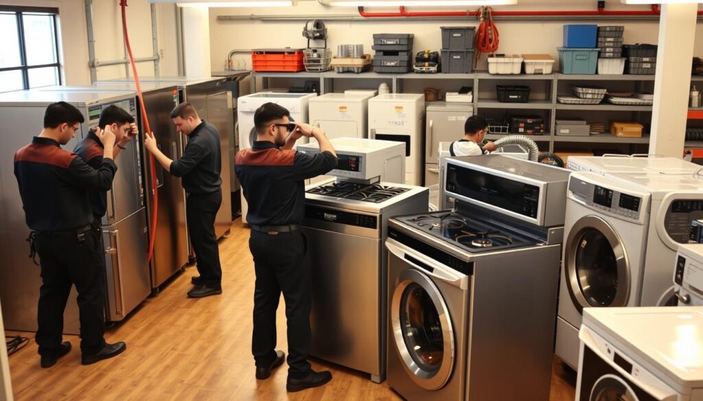 A busy commercial appliance installation workshop, with technicians skillfully assembling and installing various kitchen and laundry appliances. The foreground depicts a team of professionals in uniforms and protective gear, carefully connecting pipes, wiring, and hoses to state-of-the-art refrigerators, ovens, and washing machines. The middle ground showcases a variety of brand-new appliances ready for installation, while the background features a well-organized storage area with shelves of spare parts and tools. Warm, focused lighting illuminates the scene, creating a sense of efficiency and professionalism. The composition conveys the expertise and attention to detail required for comprehensive commercial appliance installation services. A busy commercial appliance installation workshop, with technicians skillfully assembling and installing various kitchen and laundry appliances. The foreground depicts a team of professionals in uniforms and protective gear, carefully connecting pipes, wiring, and hoses to state-of-the-art refrigerators, ovens, and washing machines. The middle ground showcases a variety of brand-new appliances ready for installation, while the background features a well-organized storage area with shelves of spare parts and tools. Warm, focused lighting illuminates the scene, creating a sense of efficiency and professionalism. The composition conveys the expertise and attention to detail required for comprehensive commercial appliance installation services.