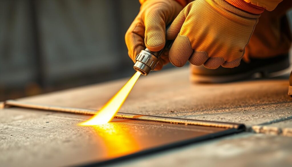 A close-up shot of a worker's hand carefully applying a torch-on waterproofing membrane onto a concrete surface. The membrane glistens as the heat from the torch liquefies the bitumen, bonding it seamlessly to the substrate. The worker wears protective gear, maintaining a focused expression as they systematically cover the area. The background is blurred, emphasizing the technique and attention to detail. Warm lighting casts a golden glow, conveying the professional care and expertise required for this specialized waterproofing application. The final image should clearly communicate the process and cost-effectiveness of this waterproofing system. A close-up shot of a worker's hand carefully applying a torch-on waterproofing membrane onto a concrete surface. The membrane glistens as the heat from the torch liquefies the bitumen, bonding it seamlessly to the substrate. The worker wears protective gear, maintaining a focused expression as they systematically cover the area. The background is blurred, emphasizing the technique and attention to detail. Warm lighting casts a golden glow, conveying the professional care and expertise required for this specialized waterproofing application. The final image should clearly communicate the process and cost-effectiveness of this waterproofing system.
