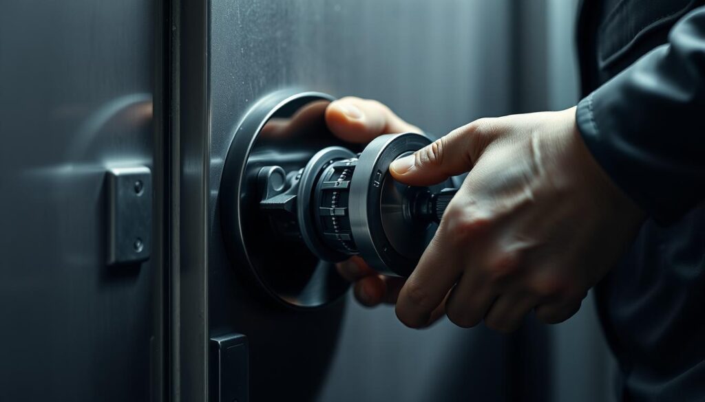 A close-up view of a high-security lock being professionally installed on a thick metal door. The locksmith is wearing a uniform and using specialized tools, their hands skillfully maneuvering the complex mechanism. The lock's intricate components are visible, showcasing the advanced engineering. Soft, directional lighting illuminates the scene, casting shadows that emphasize the lock's texture and depth. The background is blurred, keeping the focus on the lock installation process. The overall mood is one of precision, expertise, and the importance of a secure entry point. A close-up view of a high-security lock being professionally installed on a thick metal door. The locksmith is wearing a uniform and using specialized tools, their hands skillfully maneuvering the complex mechanism. The lock's intricate components are visible, showcasing the advanced engineering. Soft, directional lighting illuminates the scene, casting shadows that emphasize the lock's texture and depth. The background is blurred, keeping the focus on the lock installation process. The overall mood is one of precision, expertise, and the importance of a secure entry point.