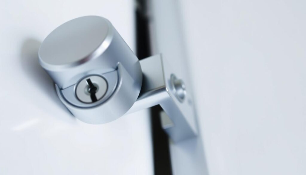 A close-up view of a silver door lock mechanism, showcased against a clean and minimalistic background. The lighting is soft and diffused, highlighting the intricate details of the lock's components - the keyhole, the bolt, and the metallic finish. The perspective is angled slightly to provide depth and emphasize the technical aspects of the installation process. The overall mood is one of precision and functionality, reflecting the importance of a secure and properly installed door lock in a residential or commercial setting. A close-up view of a silver door lock mechanism, showcased against a clean and minimalistic background. The lighting is soft and diffused, highlighting the intricate details of the lock's components - the keyhole, the bolt, and the metallic finish. The perspective is angled slightly to provide depth and emphasize the technical aspects of the installation process. The overall mood is one of precision and functionality, reflecting the importance of a secure and properly installed door lock in a residential or commercial setting.