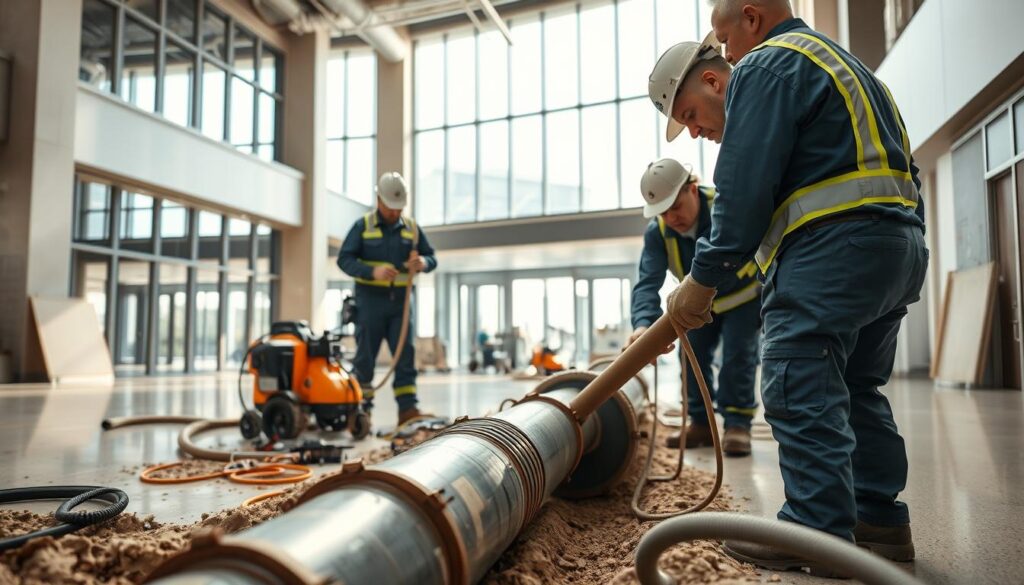 A commercial building's interior, well-lit by natural light from large windows. In the foreground, a team of professional plumbers in uniform expertly relining a drainage pipe, using specialized equipment and techniques. The middle ground shows various tools and materials used for trenchless pipe repair, conveying efficiency and cost-effectiveness. The background depicts a clean, organized workspace, hinting at the expertise and attention to detail of the service provider. The overall atmosphere exudes professionalism, reliability, and a commitment to delivering high-quality, value-driven solutions for pipe relining projects. A commercial building's interior, well-lit by natural light from large windows. In the foreground, a team of professional plumbers in uniform expertly relining a drainage pipe, using specialized equipment and techniques. The middle ground shows various tools and materials used for trenchless pipe repair, conveying efficiency and cost-effectiveness. The background depicts a clean, organized workspace, hinting at the expertise and attention to detail of the service provider. The overall atmosphere exudes professionalism, reliability, and a commitment to delivering high-quality, value-driven solutions for pipe relining projects.