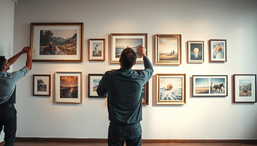 A commercial picture hanging service setting with a professional team carefully arranging and installing framed artworks on a pristine white gallery wall. Soft, directional lighting casts dramatic shadows, highlighting the intricate frames and artwork. The foreground features the steady hands of skilled technicians precisely leveling and securing the pieces, while the middle ground showcases the diverse range of artwork, from abstract paintings to landscape photography. The background depicts a minimalist, sophisticated space with clean lines and a serene atmosphere, allowing the focus to remain on the expertly curated display. A commercial picture hanging service setting with a professional team carefully arranging and installing framed artworks on a pristine white gallery wall. Soft, directional lighting casts dramatic shadows, highlighting the intricate frames and artwork. The foreground features the steady hands of skilled technicians precisely leveling and securing the pieces, while the middle ground showcases the diverse range of artwork, from abstract paintings to landscape photography. The background depicts a minimalist, sophisticated space with clean lines and a serene atmosphere, allowing the focus to remain on the expertly curated display.