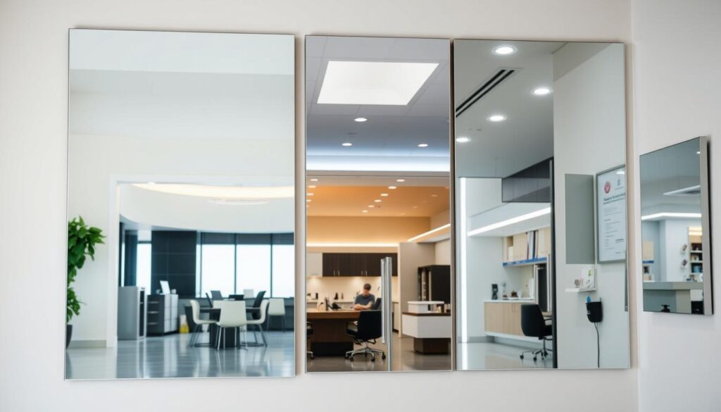 A commercial wall mirror installation featuring a diverse range of industries, showcasing the versatility and practicality of mirrored surfaces. In the foreground, a sleek and modern mirrored panel is prominently displayed, reflecting the vibrant surroundings. The middle ground depicts various commercial settings, including a stylish office, a well-lit retail space, and a contemporary healthcare facility, each with strategically placed mirrors that enhance the ambiance and functionality of the environments. The background features a subdued, minimalist backdrop, allowing the mirror installations to take center stage. The overall scene is illuminated by a warm, natural-looking light, creating a welcoming and professional atmosphere. The composition and attention to detail convey the high-quality, customizable nature of the commercial mirror solutions. A commercial wall mirror installation featuring a diverse range of industries, showcasing the versatility and practicality of mirrored surfaces. In the foreground, a sleek and modern mirrored panel is prominently displayed, reflecting the vibrant surroundings. The middle ground depicts various commercial settings, including a stylish office, a well-lit retail space, and a contemporary healthcare facility, each with strategically placed mirrors that enhance the ambiance and functionality of the environments. The background features a subdued, minimalist backdrop, allowing the mirror installations to take center stage. The overall scene is illuminated by a warm, natural-looking light, creating a welcoming and professional atmosphere. The composition and attention to detail convey the high-quality, customizable nature of the commercial mirror solutions.