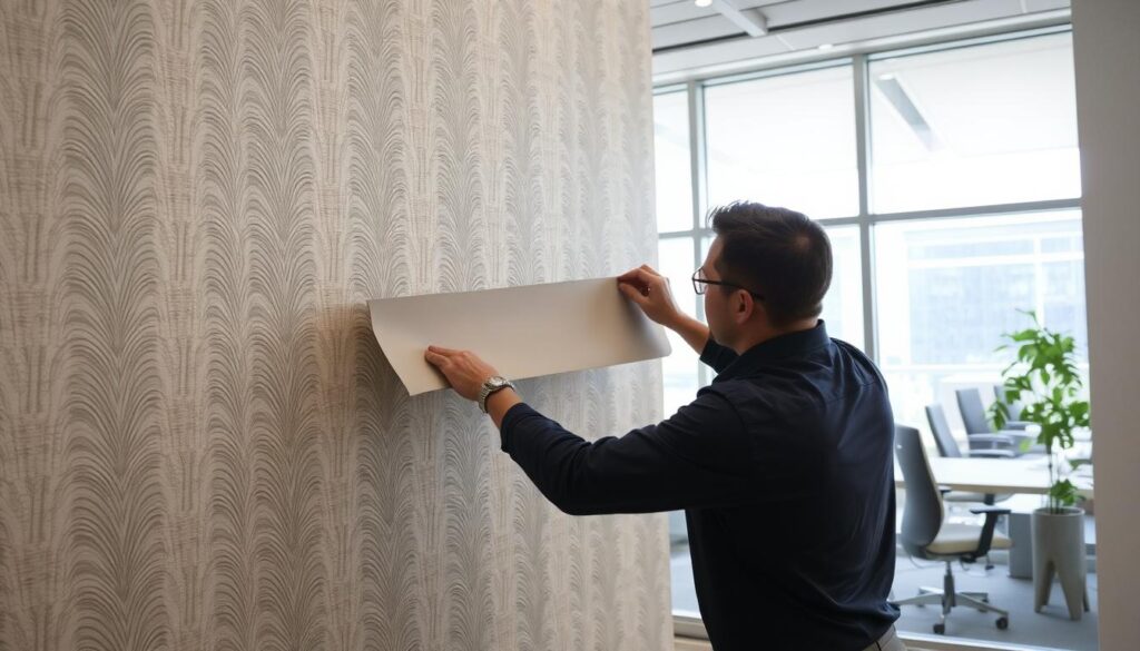 A commercial wallcovering specialist expertly installing high-quality wallpaper in a modern office setting. In the foreground, the skilled installer precisely aligns and smoothes the wallpaper, ensuring a flawless finish. In the middle ground, the newly installed wallcovering features an elegant, textured pattern that adds depth and sophistication to the space. The background showcases the clean, bright interior of the commercial office, with large windows flooding the room with natural light. The scene conveys a sense of professionalism, attention to detail, and a commitment to transforming the environment through expertly applied wallcoverings. A commercial wallcovering specialist expertly installing high-quality wallpaper in a modern office setting. In the foreground, the skilled installer precisely aligns and smoothes the wallpaper, ensuring a flawless finish. In the middle ground, the newly installed wallcovering features an elegant, textured pattern that adds depth and sophistication to the space. The background showcases the clean, bright interior of the commercial office, with large windows flooding the room with natural light. The scene conveys a sense of professionalism, attention to detail, and a commitment to transforming the environment through expertly applied wallcoverings.
