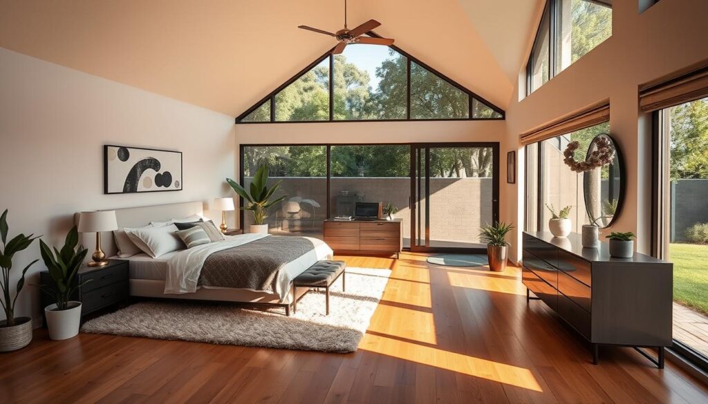 A cozy, well-lit bedroom addition nestled in the heart of a lush, green South African suburb. The space features floor-to-ceiling windows that flood the room with natural light, casting a warm, golden glow across the hardwood floors and plush area rug. Elegant, modern furniture, including a king-size bed and a stylish dresser, create a serene and inviting atmosphere. Potted plants and thoughtful decor touches add pops of color and texture, while the room's high ceilings and clean, minimalist design convey a sense of spaciousness and tranquility. The scene is captured from a slightly elevated perspective, allowing the viewer to appreciate the seamless integration of the addition into the home's overall architectural style. A cozy, well-lit bedroom addition nestled in the heart of a lush, green South African suburb. The space features floor-to-ceiling windows that flood the room with natural light, casting a warm, golden glow across the hardwood floors and plush area rug. Elegant, modern furniture, including a king-size bed and a stylish dresser, create a serene and inviting atmosphere. Potted plants and thoughtful decor touches add pops of color and texture, while the room's high ceilings and clean, minimalist design convey a sense of spaciousness and tranquility. The scene is captured from a slightly elevated perspective, allowing the viewer to appreciate the seamless integration of the addition into the home's overall architectural style.