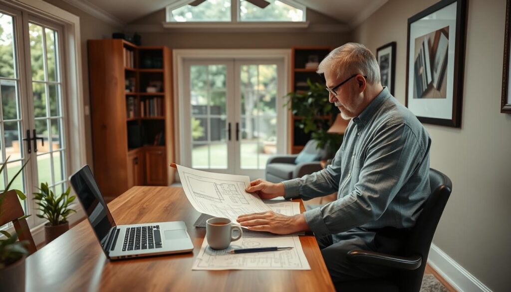 A cozy, well-lit home office setting with a middle-aged man in a casual button-down shirt and slacks, sitting at a wooden desk and consulting architectural plans. The room has large windows overlooking a lush, green backyard, providing ample natural light. On the desk, there are design sketches, a laptop, and a cup of coffee. The walls are adorned with bookshelves and framed art, creating a professional yet welcoming atmosphere. The lighting is soft and warm, accentuating the man's focused expression as he reviews the plans, conveying the thoughtful planning process for a bedroom addition project. A cozy, well-lit home office setting with a middle-aged man in a casual button-down shirt and slacks, sitting at a wooden desk and consulting architectural plans. The room has large windows overlooking a lush, green backyard, providing ample natural light. On the desk, there are design sketches, a laptop, and a cup of coffee. The walls are adorned with bookshelves and framed art, creating a professional yet welcoming atmosphere. The lighting is soft and warm, accentuating the man's focused expression as he reviews the plans, conveying the thoughtful planning process for a bedroom addition project.