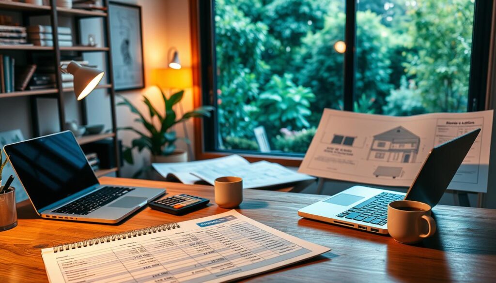 A cozy, well-lit home office with a wooden desk, shelves, and a laptop. In the foreground, a budget spreadsheet is open, with financial figures and calculations. Beside it, a calculator and a cup of coffee. The middle ground features architectural plans and design sketches for a bedroom addition project. In the background, a large window overlooks a lush, verdant garden, creating a serene and inspirational atmosphere. The lighting is a mix of warm task lighting and natural daylight, casting a soft glow over the entire scene. The overall mood is one of thoughtful planning and organized productivity. A cozy, well-lit home office with a wooden desk, shelves, and a laptop. In the foreground, a budget spreadsheet is open, with financial figures and calculations. Beside it, a calculator and a cup of coffee. The middle ground features architectural plans and design sketches for a bedroom addition project. In the background, a large window overlooks a lush, verdant garden, creating a serene and inspirational atmosphere. The lighting is a mix of warm task lighting and natural daylight, casting a soft glow over the entire scene. The overall mood is one of thoughtful planning and organized productivity.
