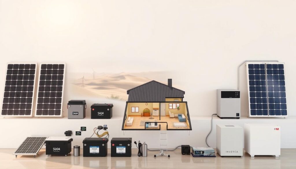 A detailed breakdown of the cost components for a home solar installation in South Africa, showcased against a clean, minimalist backdrop. The foreground features neatly arranged solar panels, batteries, inverters, and other essential equipment, each labeled with its relative cost percentage. The middle ground includes a simplified floor plan of a typical South African home, highlighting the integration points. The background depicts a serene, sun-drenched landscape with rolling hills, emphasizing the renewable energy potential. Soft, warm lighting illuminates the scene, creating a sense of balance and practicality. The overall composition conveys a comprehensive understanding of the financial considerations for a home solar setup in the Gauteng region. A detailed breakdown of the cost components for a home solar installation in South Africa, showcased against a clean, minimalist backdrop. The foreground features neatly arranged solar panels, batteries, inverters, and other essential equipment, each labeled with its relative cost percentage. The middle ground includes a simplified floor plan of a typical South African home, highlighting the integration points. The background depicts a serene, sun-drenched landscape with rolling hills, emphasizing the renewable energy potential. Soft, warm lighting illuminates the scene, creating a sense of balance and practicality. The overall composition conveys a comprehensive understanding of the financial considerations for a home solar setup in the Gauteng region.