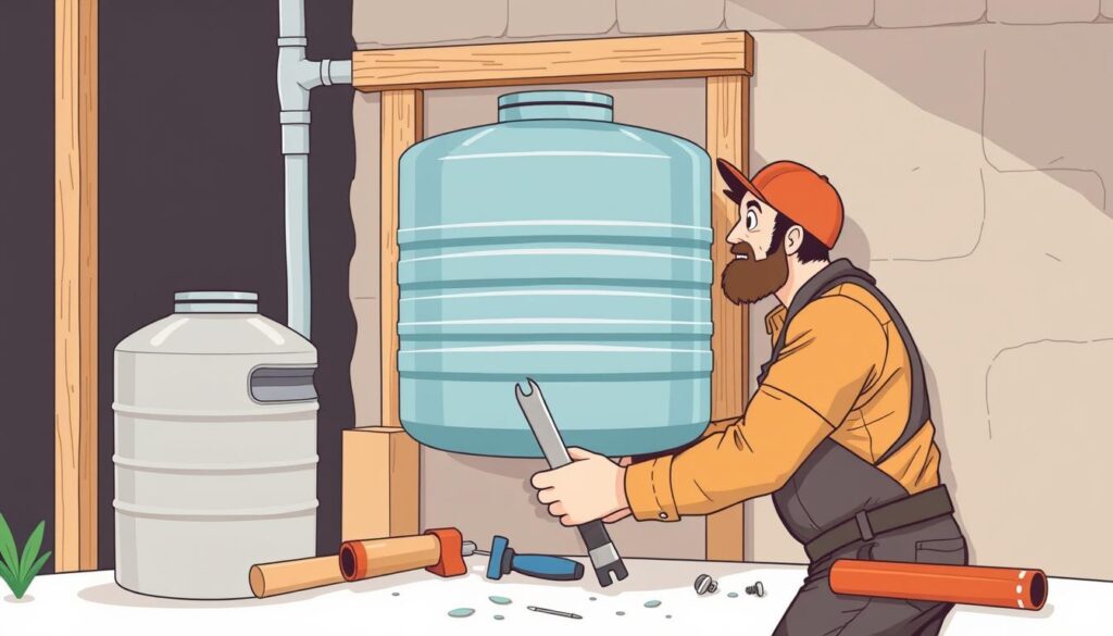 A detailed breakdown of water tank installation costs, showcasing a multi-layered scene. In the foreground, a water tank and associated plumbing fixtures are prominently displayed, highlighting the key components. The middle ground features a construction worker providing installation services, surrounded by tools and materials. In the background, a suburban neighborhood with houses and trees sets the scene. The lighting is natural, with soft shadows and highlights accentuating the details. The overall mood is informative and technical, conveying the practical nature of a water tank installation project. A detailed breakdown of water tank installation costs, showcasing a multi-layered scene. In the foreground, a water tank and associated plumbing fixtures are prominently displayed, highlighting the key components. The middle ground features a construction worker providing installation services, surrounded by tools and materials. In the background, a suburban neighborhood with houses and trees sets the scene. The lighting is natural, with soft shadows and highlights accentuating the details. The overall mood is informative and technical, conveying the practical nature of a water tank installation project.