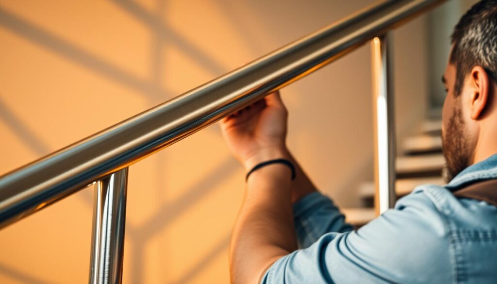 A detailed, close-up view of a professional handyman installing high-quality, custom-fabricated handrails on a commercial staircase. The handrails are made of gleaming, brushed stainless steel, with clean, minimalist lines and seamless joints. Precise measurements and careful attention to building codes are evident in the installation process. Warm, directional lighting casts dramatic shadows, highlighting the craftsmanship and emphasizing the structural integrity of the handrails. The scene conveys a sense of durability, attention to safety, and a commitment to premium, code-compliant solutions for commercial spaces. A detailed, close-up view of a professional handyman installing high-quality, custom-fabricated handrails on a commercial staircase. The handrails are made of gleaming, brushed stainless steel, with clean, minimalist lines and seamless joints. Precise measurements and careful attention to building codes are evident in the installation process. Warm, directional lighting casts dramatic shadows, highlighting the craftsmanship and emphasizing the structural integrity of the handrails. The scene conveys a sense of durability, attention to safety, and a commitment to premium, code-compliant solutions for commercial spaces.