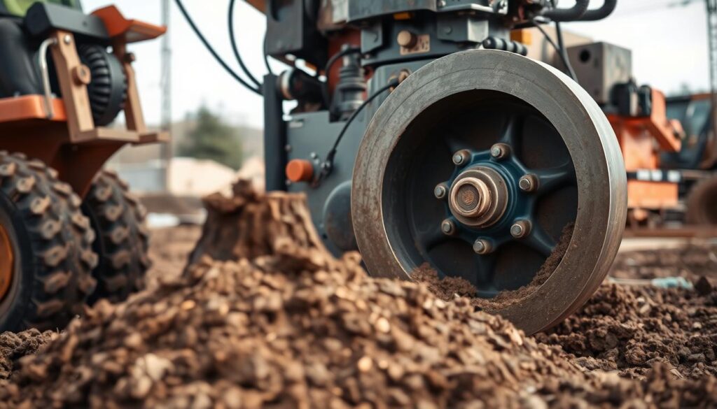A detailed, high-resolution image of a stump grinding machine in a construction site setting, with its powerful rotating blade prominently featured in the foreground. The machine's sturdy frame and hydraulic components are clearly visible, conveying its industrial strength and efficiency. The middle ground shows the impact of the machine's operation, with a partially ground tree stump and freshly churned soil. The background features a construction site backdrop, with other machinery and materials visible, suggesting the broader context of stump removal and site preparation. The lighting is natural, with soft shadows and highlights that accentuate the machine's textures and details. The overall scene evokes a sense of the practical and functional nature of stump grinding, highlighting its key role in the stump removal process. A detailed, high-resolution image of a stump grinding machine in a construction site setting, with its powerful rotating blade prominently featured in the foreground. The machine's sturdy frame and hydraulic components are clearly visible, conveying its industrial strength and efficiency. The middle ground shows the impact of the machine's operation, with a partially ground tree stump and freshly churned soil. The background features a construction site backdrop, with other machinery and materials visible, suggesting the broader context of stump removal and site preparation. The lighting is natural, with soft shadows and highlights that accentuate the machine's textures and details. The overall scene evokes a sense of the practical and functional nature of stump grinding, highlighting its key role in the stump removal process.