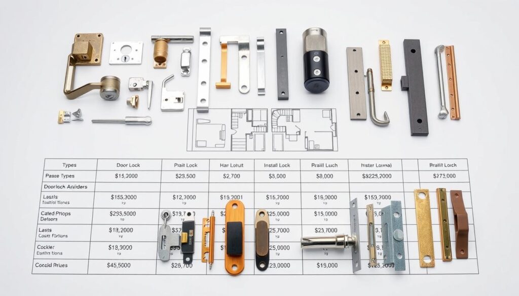 A detailed, neatly organized breakdown of door lock installation costs, showcased on a clean, minimalist table or infographic layout. The foreground features various lock types, hardware, and installation tools arranged in a visually appealing manner, with clear pricing information for each component. The middle ground depicts a simplified architectural blueprint or floor plan, providing context for the lock installation. The background is a muted, neutral tone that allows the cost details to take center stage, conveying a sense of professionalism and practicality. Bright, evenly-distributed lighting illuminates the scene, capturing the intricate textures and materials of the lock hardware. The overall mood is informative, data-driven, and designed to visually communicate the comprehensive cost breakdown for door lock installation. A detailed, neatly organized breakdown of door lock installation costs, showcased on a clean, minimalist table or infographic layout. The foreground features various lock types, hardware, and installation tools arranged in a visually appealing manner, with clear pricing information for each component. The middle ground depicts a simplified architectural blueprint or floor plan, providing context for the lock installation. The background is a muted, neutral tone that allows the cost details to take center stage, conveying a sense of professionalism and practicality. Bright, evenly-distributed lighting illuminates the scene, capturing the intricate textures and materials of the lock hardware. The overall mood is informative, data-driven, and designed to visually communicate the comprehensive cost breakdown for door lock installation.