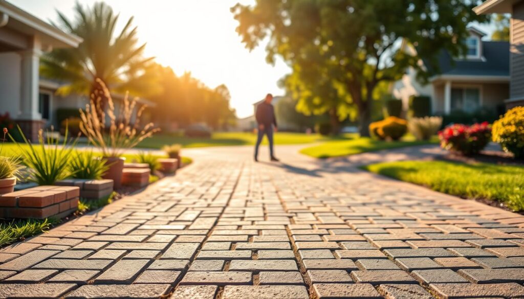 A detailed, neatly organized driveway with various paving materials and patterns in the foreground, showcasing different cost factors. In the middle ground, a person inspecting the driveway, evaluating the options. The background features a sunny suburban landscape with lush greenery and a clear sky, creating a pleasant, informative atmosphere. The scene is lit by warm, natural lighting, captured at a slight angle to provide depth and perspective. The image conveys the key elements influencing driveway paving costs in a visually engaging and educational manner. A detailed, neatly organized driveway with various paving materials and patterns in the foreground, showcasing different cost factors. In the middle ground, a person inspecting the driveway, evaluating the options. The background features a sunny suburban landscape with lush greenery and a clear sky, creating a pleasant, informative atmosphere. The scene is lit by warm, natural lighting, captured at a slight angle to provide depth and perspective. The image conveys the key elements influencing driveway paving costs in a visually engaging and educational manner.