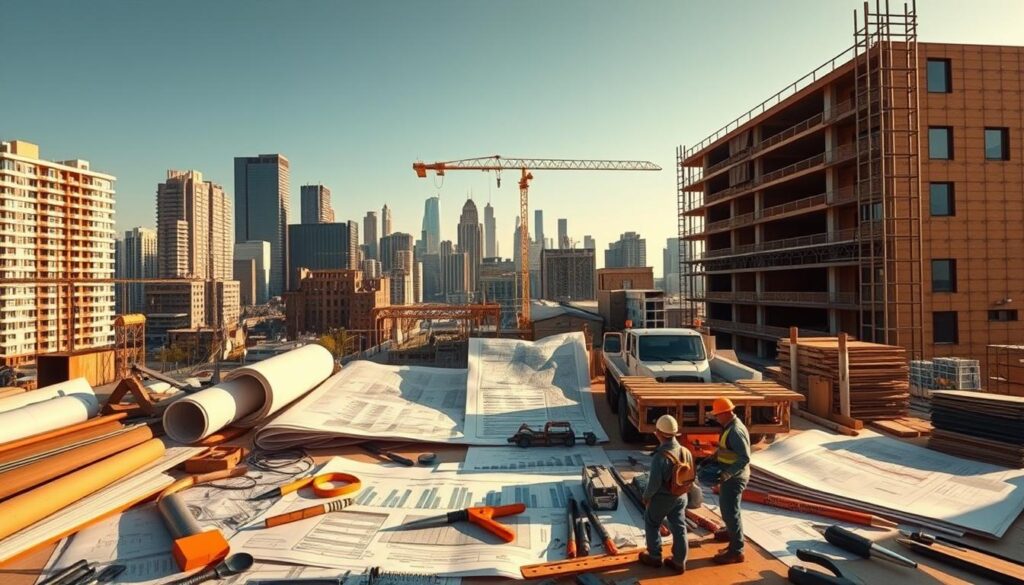 A detailed, realistic depiction of the essential factors influencing residential development costs. A wide-angle view showcases a modern urban skyline in the background, with a mid-ground of various construction materials, tools, and cost breakdown charts. In the foreground, a mix of architectural plans, financial documents, and worker figures highlight the diverse elements that contribute to the final price tag. Warm, directional lighting casts dramatic shadows, creating depth and emphasizing the complexity of the subject matter. The overall mood is one of careful planning and analysis, reflecting the need to understand these crucial cost factors. A detailed, realistic depiction of the essential factors influencing residential development costs. A wide-angle view showcases a modern urban skyline in the background, with a mid-ground of various construction materials, tools, and cost breakdown charts. In the foreground, a mix of architectural plans, financial documents, and worker figures highlight the diverse elements that contribute to the final price tag. Warm, directional lighting casts dramatic shadows, creating depth and emphasizing the complexity of the subject matter. The overall mood is one of careful planning and analysis, reflecting the need to understand these crucial cost factors.