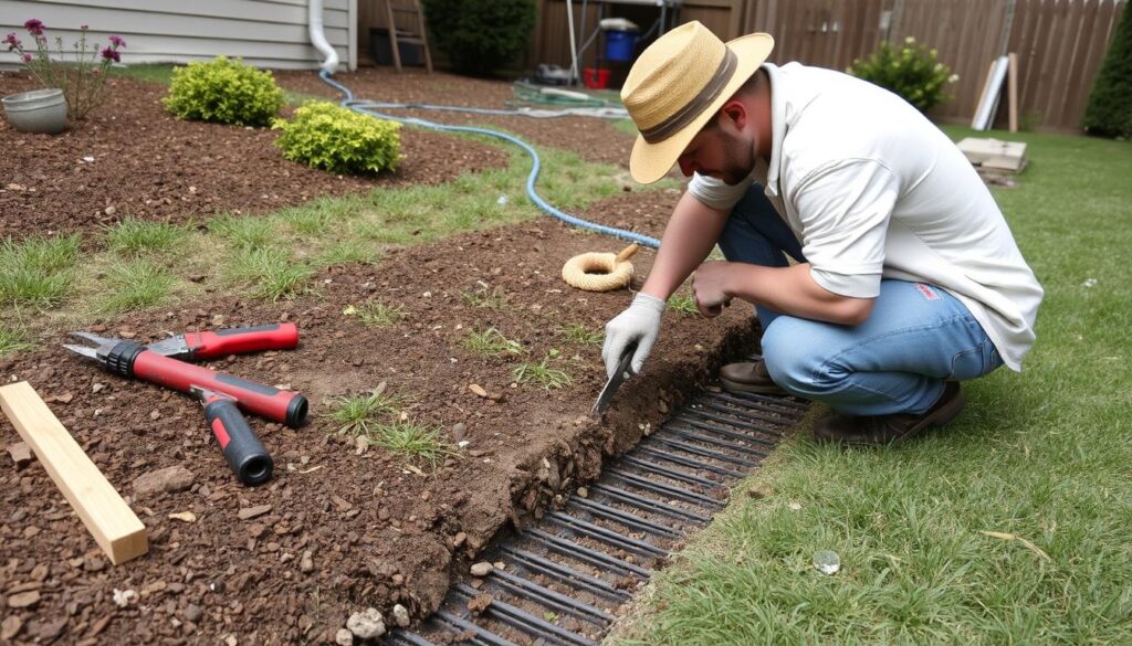 A detailed, technical cross-section diagram of a French drain installation in a residential setting in Gauteng, South Africa. The foreground showcases the layered components of the drain, including the perforated drainage pipe, gravel bedding, and geotextile fabric. The middle ground features a cutaway view of the trench, highlighting the sloped design and precise measurements. The background depicts a lush, green lawn, suggesting a well-maintained suburban landscape. The lighting is natural and diffused, casting soft shadows that accentuate the textural elements. The overall tone is informative and visually compelling, providing a clear illustration of French drain installation costs and pricing guidelines for the Gauteng region. A detailed, technical cross-section diagram of a French drain installation in a residential setting in Gauteng, South Africa. The foreground showcases the layered components of the drain, including the perforated drainage pipe, gravel bedding, and geotextile fabric. The middle ground features a cutaway view of the trench, highlighting the sloped design and precise measurements. The background depicts a lush, green lawn, suggesting a well-maintained suburban landscape. The lighting is natural and diffused, casting soft shadows that accentuate the textural elements. The overall tone is informative and visually compelling, providing a clear illustration of French drain installation costs and pricing guidelines for the Gauteng region.