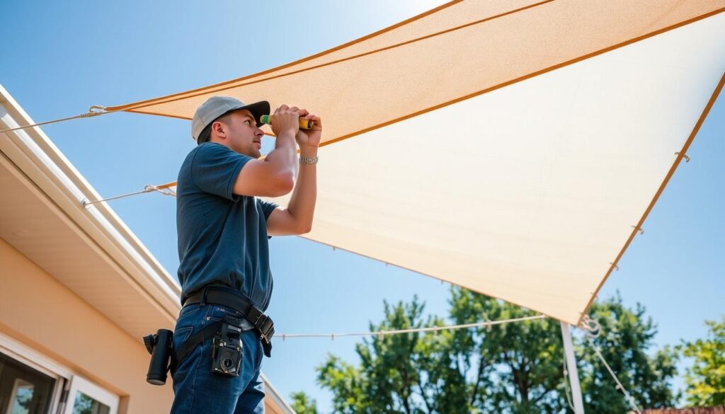 A detailed, technical schematic illustration showcasing the comprehensive cost breakdown for shade sail repair in 2025. The foreground features a meticulously labeled diagram outlining the key components and their associated repair costs, such as fabric replacement, hardware, installation fees, and labor. The middle ground depicts the shade sail in a realistic 3D rendering, highlighting its structural elements and dimensions. The background is a minimalist, clean white space that allows the information-rich visuals to take center stage. Crisp, high-resolution, and rendered with a technical blueprint aesthetic to convey a sense of authority and professionalism befitting a comprehensive pricing guide. A detailed, technical schematic illustration showcasing the comprehensive cost breakdown for shade sail repair in 2025. The foreground features a meticulously labeled diagram outlining the key components and their associated repair costs, such as fabric replacement, hardware, installation fees, and labor. The middle ground depicts the shade sail in a realistic 3D rendering, highlighting its structural elements and dimensions. The background is a minimalist, clean white space that allows the information-rich visuals to take center stage. Crisp, high-resolution, and rendered with a technical blueprint aesthetic to convey a sense of authority and professionalism befitting a comprehensive pricing guide.
