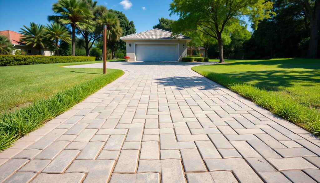 A detailed, well-lit overhead view of a residential driveway paved with interlocking concrete pavers in various shades of gray. The driveway stretches across the foreground, leading to a two-car garage in the middle ground. Neatly trimmed green grass borders the driveway on both sides. The background features lush trees and a clear, blue sky, conveying a serene, suburban atmosphere. The scene captures the essential elements of a typical South African driveway installation, showcasing the materials, layout, and landscaping elements that contribute to the overall cost for homeowners. A detailed, well-lit overhead view of a residential driveway paved with interlocking concrete pavers in various shades of gray. The driveway stretches across the foreground, leading to a two-car garage in the middle ground. Neatly trimmed green grass borders the driveway on both sides. The background features lush trees and a clear, blue sky, conveying a serene, suburban atmosphere. The scene captures the essential elements of a typical South African driveway installation, showcasing the materials, layout, and landscaping elements that contribute to the overall cost for homeowners.