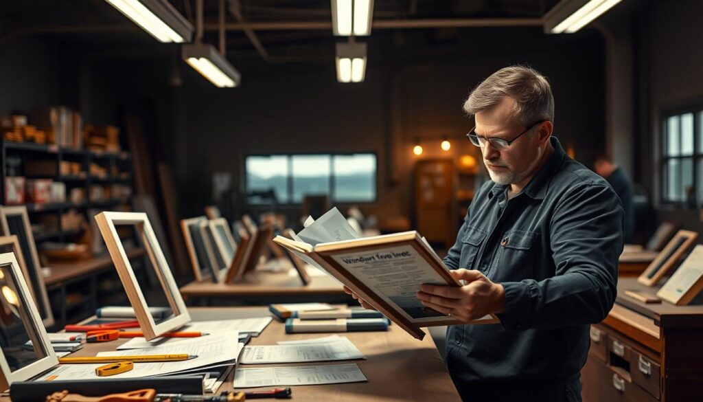 A dimly lit workspace with a focus on two window frame installation specialists engaged in a cost comparison discussion. The foreground showcases their hands examining and comparing window frame samples, conveying a sense of expertise and attention to detail. The middle ground features their workbenches adorned with measurement tools, catalogues, and price lists, hinting at the analytical process involved. The background subtly suggests an industrial setting, with shelves of supplies and a slightly blurred landscape visible through the windows, creating a professional and functional atmosphere. Warm lighting from overhead fixtures casts a soft glow, emphasizing the concentration and seriousness of the task at hand. A dimly lit workspace with a focus on two window frame installation specialists engaged in a cost comparison discussion. The foreground showcases their hands examining and comparing window frame samples, conveying a sense of expertise and attention to detail. The middle ground features their workbenches adorned with measurement tools, catalogues, and price lists, hinting at the analytical process involved. The background subtly suggests an industrial setting, with shelves of supplies and a slightly blurred landscape visible through the windows, creating a professional and functional atmosphere. Warm lighting from overhead fixtures casts a soft glow, emphasizing the concentration and seriousness of the task at hand.
