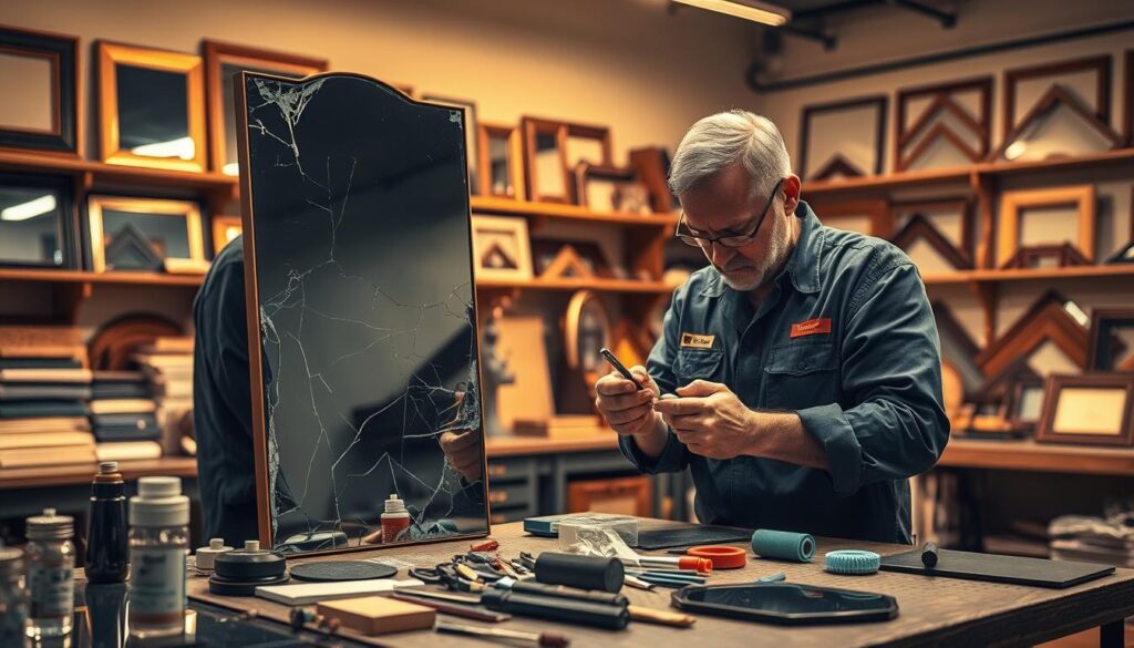 A highly detailed, photorealistic image of a professional mirror repair service. In the foreground, a skilled technician carefully examines a damaged mirror, using specialized tools to carefully assess the extent of cracks and chips. The middle ground showcases an array of repair materials, such as epoxy resins, replacement glass, and polishing tools, neatly arranged on a workbench. In the background, the walls are lined with shelves displaying a variety of mirror frames, reflecting the company's expertise in restoration and customization. Warm, directional lighting illuminates the scene, creating a sense of focus and professionalism. The overall atmosphere conveys a sense of care, precision, and dedication to providing high-quality mirror repair and restoration services. A highly detailed, photorealistic image of a professional mirror repair service. In the foreground, a skilled technician carefully examines a damaged mirror, using specialized tools to carefully assess the extent of cracks and chips. The middle ground showcases an array of repair materials, such as epoxy resins, replacement glass, and polishing tools, neatly arranged on a workbench. In the background, the walls are lined with shelves displaying a variety of mirror frames, reflecting the company's expertise in restoration and customization. Warm, directional lighting illuminates the scene, creating a sense of focus and professionalism. The overall atmosphere conveys a sense of care, precision, and dedication to providing high-quality mirror repair and restoration services.