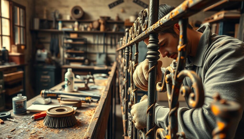 A highly detailed, photorealistic scene of the wrought iron restoration process. In the foreground, a skilled artisan carefully sands and buffs a wrought iron railing, meticulously removing rust and blemishes. The middle ground features various restoration tools and materials, including wire brushes, chemical cleaners, and protective gloves. In the background, a well-equipped workshop with a vintage aesthetic, showcasing the intricate craftsmanship and attention to detail required for this specialized task. Warm, diffused lighting illuminates the scene, casting soft shadows and highlighting the texture and sheen of the iron. The overall composition conveys a sense of expertise, precision, and the dedication required to restore these timeless architectural elements. A highly detailed, photorealistic scene of the wrought iron restoration process. In the foreground, a skilled artisan carefully sands and buffs a wrought iron railing, meticulously removing rust and blemishes. The middle ground features various restoration tools and materials, including wire brushes, chemical cleaners, and protective gloves. In the background, a well-equipped workshop with a vintage aesthetic, showcasing the intricate craftsmanship and attention to detail required for this specialized task. Warm, diffused lighting illuminates the scene, casting soft shadows and highlighting the texture and sheen of the iron. The overall composition conveys a sense of expertise, precision, and the dedication required to restore these timeless architectural elements.