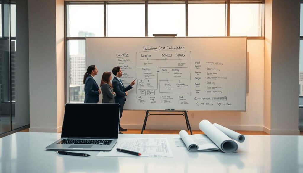 A modern, clean-lined office interior with an expansive whiteboard on the far wall, displaying a detailed visual framework for a building cost calculator methodology. The foreground features a sleek, minimalist desk with a laptop, stylus, and architectural plans neatly arranged. Warm, indirect lighting casts a soft glow, creating a focused, productive atmosphere. The middle ground showcases a team of professionals in business attire, engaged in a collaborative discussion, referencing the whiteboard. The background features large windows overlooking a cityscape, reinforcing the professional, analytical nature of the scene. A modern, clean-lined office interior with an expansive whiteboard on the far wall, displaying a detailed visual framework for a building cost calculator methodology. The foreground features a sleek, minimalist desk with a laptop, stylus, and architectural plans neatly arranged. Warm, indirect lighting casts a soft glow, creating a focused, productive atmosphere. The middle ground showcases a team of professionals in business attire, engaged in a collaborative discussion, referencing the whiteboard. The background features large windows overlooking a cityscape, reinforcing the professional, analytical nature of the scene.