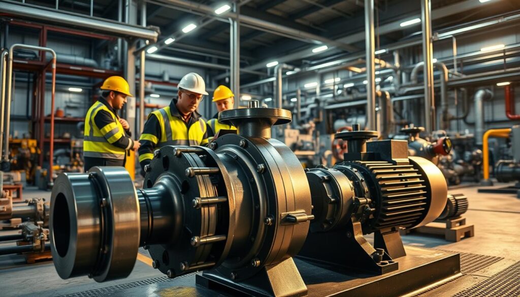 A modern industrial workspace with a central booster pump installation. The foreground shows the pump itself, with its intricate mechanisms and gleaming metal surfaces. In the middle ground, technical engineers in safety gear examine the pump, discussing installation factors and costs. The background reveals a well-lit factory floor, filled with pipes, valves, and other industrial equipment, conveying the scale and complexity of the overall system. Dramatic lighting from above casts long shadows, emphasizing the weight and importance of the installation process. The scene exudes a sense of precision, efficiency, and the careful consideration of all cost-related variables. A modern industrial workspace with a central booster pump installation. The foreground shows the pump itself, with its intricate mechanisms and gleaming metal surfaces. In the middle ground, technical engineers in safety gear examine the pump, discussing installation factors and costs. The background reveals a well-lit factory floor, filled with pipes, valves, and other industrial equipment, conveying the scale and complexity of the overall system. Dramatic lighting from above casts long shadows, emphasizing the weight and importance of the installation process. The scene exudes a sense of precision, efficiency, and the careful consideration of all cost-related variables.