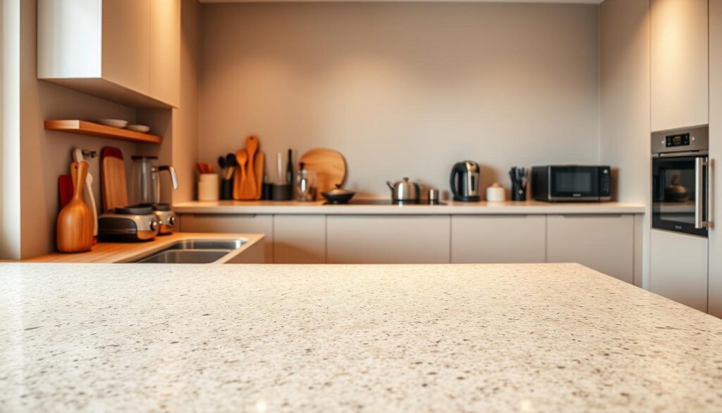 A modern kitchen with a sleek, granite countertop in a warm, natural tone. The surface is smooth and polished, reflecting the soft, overhead lighting. In the foreground, various kitchen accessories like utensils, cutting boards, and small appliances are neatly arranged, hinting at the cost factors that contribute to the replacement of this high-quality worktop. The middle ground showcases the seamless integration of the countertop with the surrounding cabinetry, suggesting the importance of coordination in achieving a cohesive, high-end kitchen design. The background features a minimalist, neutral-toned wall, allowing the focal point of the countertop to take center stage. The overall scene conveys a sense of sophistication, durability, and attention to detail, reflecting the considerations involved in kitchen top replacement within the South African market. A modern kitchen with a sleek, granite countertop in a warm, natural tone. The surface is smooth and polished, reflecting the soft, overhead lighting. In the foreground, various kitchen accessories like utensils, cutting boards, and small appliances are neatly arranged, hinting at the cost factors that contribute to the replacement of this high-quality worktop. The middle ground showcases the seamless integration of the countertop with the surrounding cabinetry, suggesting the importance of coordination in achieving a cohesive, high-end kitchen design. The background features a minimalist, neutral-toned wall, allowing the focal point of the countertop to take center stage. The overall scene conveys a sense of sophistication, durability, and attention to detail, reflecting the considerations involved in kitchen top replacement within the South African market.
