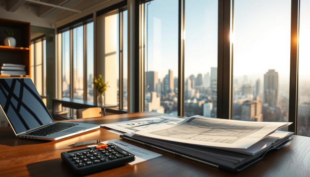 A modern, minimalist office interior with large windows overlooking a city skyline. Warm natural lighting filters through the glass, casting soft shadows on the desk and shelves. A laptop, pen, and papers are neatly arranged, representing the decision-making process for a window replacement project. In the foreground, a calculator, cost estimates, and material samples convey the financial factors to consider. The middle ground features architectural diagrams and 3D renderings, hinting at the technical details involved. The background showcases the cityscape beyond, emphasizing the importance of curb appeal and property value for the window investment. A modern, minimalist office interior with large windows overlooking a city skyline. Warm natural lighting filters through the glass, casting soft shadows on the desk and shelves. A laptop, pen, and papers are neatly arranged, representing the decision-making process for a window replacement project. In the foreground, a calculator, cost estimates, and material samples convey the financial factors to consider. The middle ground features architectural diagrams and 3D renderings, hinting at the technical details involved. The background showcases the cityscape beyond, emphasizing the importance of curb appeal and property value for the window investment.