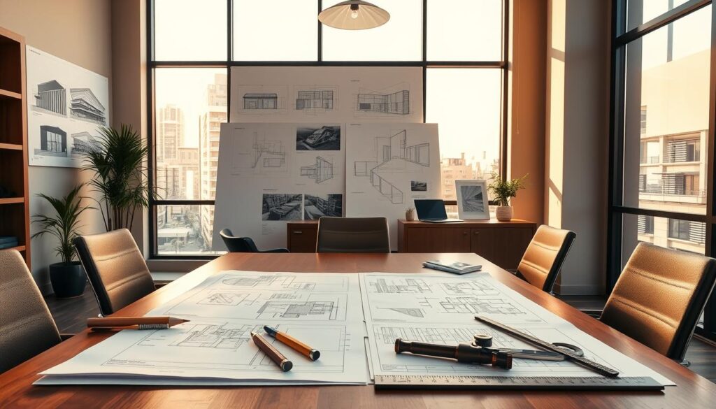 A modern office interior with a table and chairs, showcasing architectural plans and blueprints. The scene is bathed in warm, natural lighting from large windows, creating a professional and inviting atmosphere. The desk is adorned with various architectural tools and instruments, such as a drafting compass, protractor, and scale ruler, suggesting an active consultation in progress. The walls are adorned with architectural renderings and sketches, providing visual context for the consultation. The overall composition conveys a sense of expertise, attention to detail, and a collaborative environment where architects discuss fees and planning costs for projects in the Gauteng region. A modern office interior with a table and chairs, showcasing architectural plans and blueprints. The scene is bathed in warm, natural lighting from large windows, creating a professional and inviting atmosphere. The desk is adorned with various architectural tools and instruments, such as a drafting compass, protractor, and scale ruler, suggesting an active consultation in progress. The walls are adorned with architectural renderings and sketches, providing visual context for the consultation. The overall composition conveys a sense of expertise, attention to detail, and a collaborative environment where architects discuss fees and planning costs for projects in the Gauteng region.