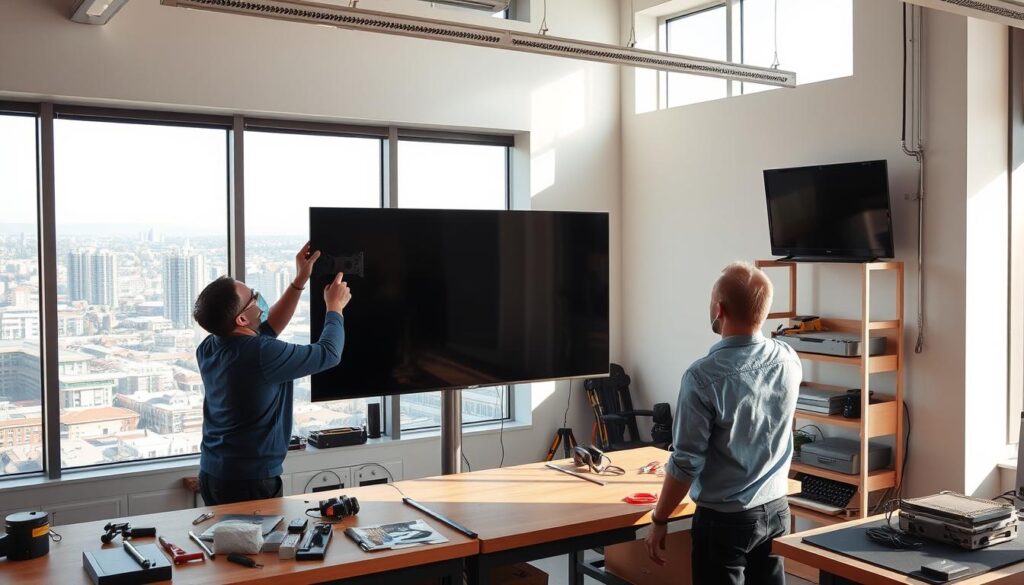 A modern, well-equipped TV installation workshop with professional technicians carefully mounting a large flat-screen television onto a sleek, minimalist wall mount. Bright, natural lighting filters in through large windows, creating a clean, airy atmosphere. Various tools and equipment are neatly organized on workbenches, conveying a sense of expertise and attention to detail. In the background, a view of a bustling Gauteng cityscape, highlighting the urban setting of this premium TV mounting service. A modern, well-equipped TV installation workshop with professional technicians carefully mounting a large flat-screen television onto a sleek, minimalist wall mount. Bright, natural lighting filters in through large windows, creating a clean, airy atmosphere. Various tools and equipment are neatly organized on workbenches, conveying a sense of expertise and attention to detail. In the background, a view of a bustling Gauteng cityscape, highlighting the urban setting of this premium TV mounting service.