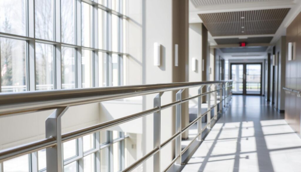 A modern, well-lit commercial building interior with a focus on an ADA-compliant handrail installation. The handrail is made of sleek brushed stainless steel, seamlessly integrated into the building's architecture. It runs along the length of a wide, open corridor with floor-to-ceiling windows, allowing natural light to flood the space. The handrail is positioned at the ideal height and spacing, providing both functionality and aesthetic appeal. In the background, glimpses of other architectural elements, such as minimalist wall sconces and a subtle, neutral-toned color palette, create a sophisticated, accessible ambiance. The overall scene conveys a sense of safety, comfort and design excellence for a commercial setting. A modern, well-lit commercial building interior with a focus on an ADA-compliant handrail installation. The handrail is made of sleek brushed stainless steel, seamlessly integrated into the building's architecture. It runs along the length of a wide, open corridor with floor-to-ceiling windows, allowing natural light to flood the space. The handrail is positioned at the ideal height and spacing, providing both functionality and aesthetic appeal. In the background, glimpses of other architectural elements, such as minimalist wall sconces and a subtle, neutral-toned color palette, create a sophisticated, accessible ambiance. The overall scene conveys a sense of safety, comfort and design excellence for a commercial setting.