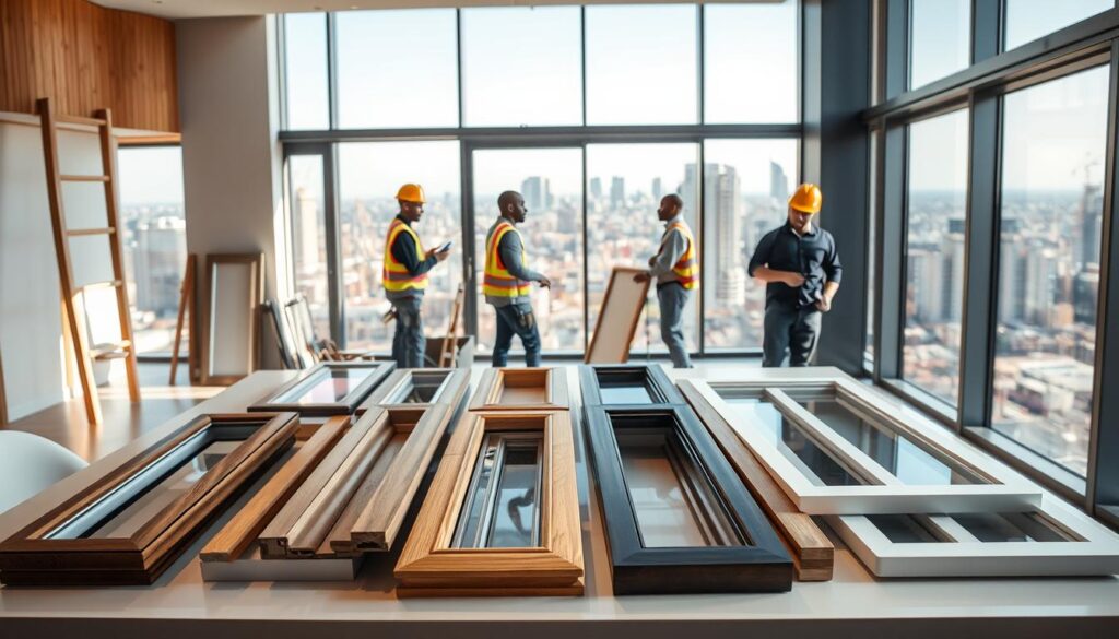 A modern, well-lit interior space showcasing the key factors influencing window frame installation costs in South Africa. In the foreground, an array of window frame samples in various materials, including wood, vinyl, and aluminum, arranged neatly on a sleek, minimalist table. In the middle ground, construction workers discussing installation techniques, conveying the labor and expertise required. In the background, a large window overlooking the vibrant cityscape of Johannesburg, representing the regional context. The scene is bathed in warm, natural lighting, creating a sense of openness and professionalism, reflecting the importance of this cost consideration for homeowners and contractors. A modern, well-lit interior space showcasing the key factors influencing window frame installation costs in South Africa. In the foreground, an array of window frame samples in various materials, including wood, vinyl, and aluminum, arranged neatly on a sleek, minimalist table. In the middle ground, construction workers discussing installation techniques, conveying the labor and expertise required. In the background, a large window overlooking the vibrant cityscape of Johannesburg, representing the regional context. The scene is bathed in warm, natural lighting, creating a sense of openness and professionalism, reflecting the importance of this cost consideration for homeowners and contractors.