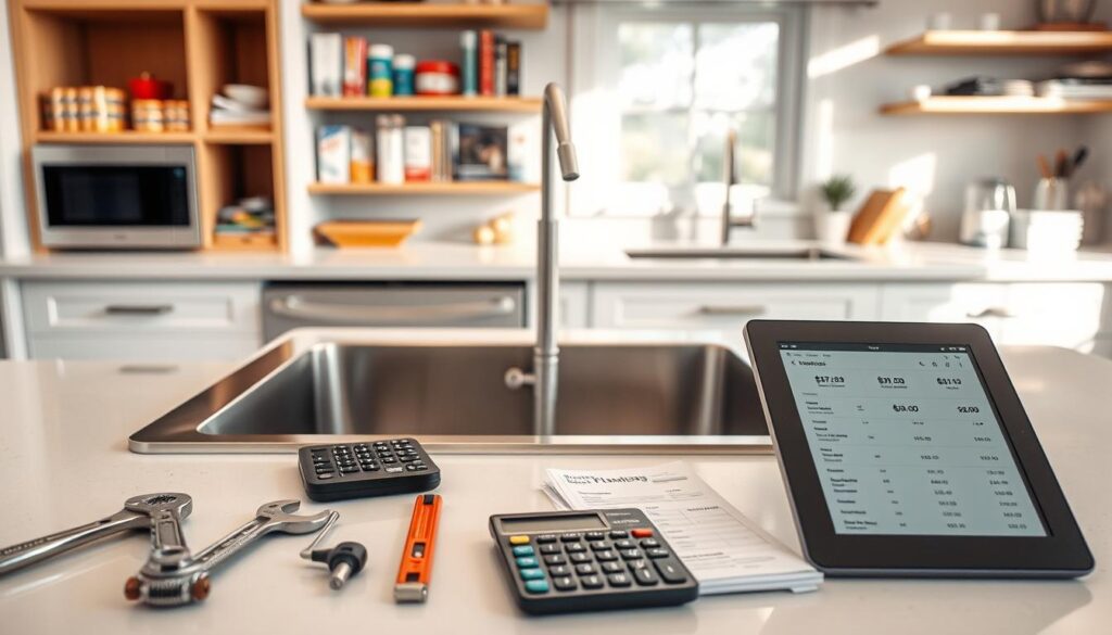 A modern, well-lit kitchen countertop with a newly installed stainless steel sink. In the foreground, a set of tools and materials used for the installation process, such as a wrench, caulk, and a level. In the middle ground, a calculator, a stack of invoices, and a tablet displaying cost estimates and project timelines. In the background, shelves with plumbing supplies and home improvement books, conveying the research and planning involved in the sink investment. The scene exudes a sense of organization, attention to detail, and a thoughtful approach to the sink installation project. A modern, well-lit kitchen countertop with a newly installed stainless steel sink. In the foreground, a set of tools and materials used for the installation process, such as a wrench, caulk, and a level. In the middle ground, a calculator, a stack of invoices, and a tablet displaying cost estimates and project timelines. In the background, shelves with plumbing supplies and home improvement books, conveying the research and planning involved in the sink investment. The scene exudes a sense of organization, attention to detail, and a thoughtful approach to the sink installation project.