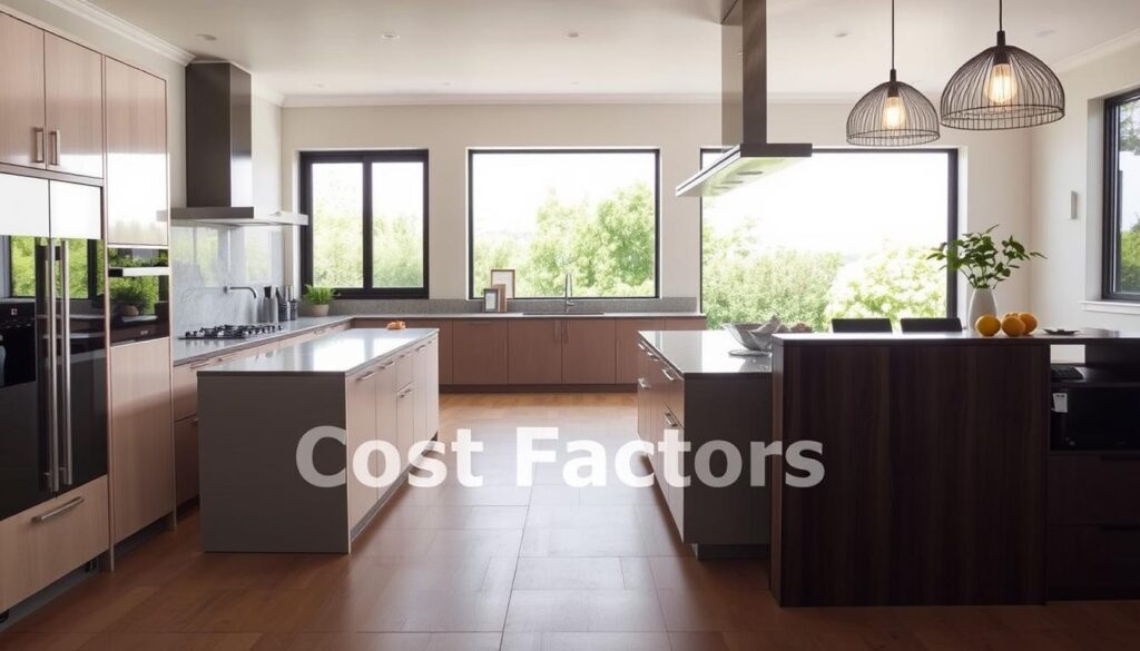 A modern, well-lit kitchen interior with an open floor plan. In the foreground, various cost factors are visually represented, such as high-end appliances, custom cabinetry, premium countertops, and stylish lighting fixtures. The middle ground showcases the layout and size of the kitchen, highlighting how these elements contribute to the overall renovation cost. In the background, a large window offers a scenic view of a lush, green garden, creating a sense of tranquility and connection to nature. The image conveys a balance between functionality, aesthetics, and the financial considerations involved in a South African kitchen renovation project. A modern, well-lit kitchen interior with an open floor plan. In the foreground, various cost factors are visually represented, such as high-end appliances, custom cabinetry, premium countertops, and stylish lighting fixtures. The middle ground showcases the layout and size of the kitchen, highlighting how these elements contribute to the overall renovation cost. In the background, a large window offers a scenic view of a lush, green garden, creating a sense of tranquility and connection to nature. The image conveys a balance between functionality, aesthetics, and the financial considerations involved in a South African kitchen renovation project.