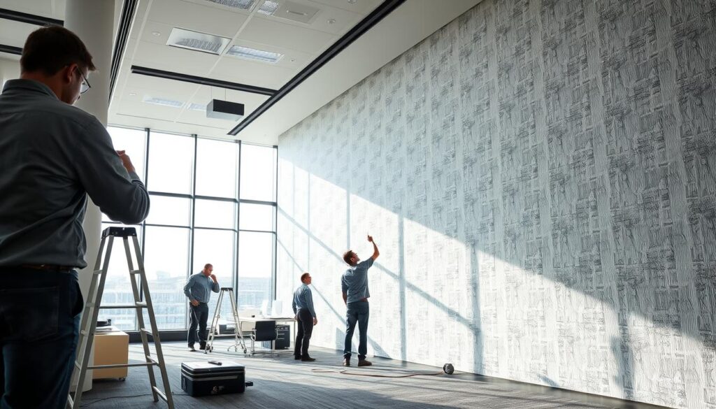 A modern, well-lit office space with an expansive wall showcasing a professional wallpaper installation. In the foreground, a team of skilled technicians meticulously applying a stylish, textured wallpaper pattern, capturing the precision and expertise of commercial wallpaper installation. The middle ground features a spacious, open-concept office layout with sleek furniture and equipment, reflecting a sophisticated corporate environment. The background depicts floor-to-ceiling windows, allowing natural light to flood the space and create a bright, airy atmosphere. The overall scene conveys a sense of professionalism, attention to detail, and the seamless integration of custom wallpaper solutions within a thriving business setting. A modern, well-lit office space with an expansive wall showcasing a professional wallpaper installation. In the foreground, a team of skilled technicians meticulously applying a stylish, textured wallpaper pattern, capturing the precision and expertise of commercial wallpaper installation. The middle ground features a spacious, open-concept office layout with sleek furniture and equipment, reflecting a sophisticated corporate environment. The background depicts floor-to-ceiling windows, allowing natural light to flood the space and create a bright, airy atmosphere. The overall scene conveys a sense of professionalism, attention to detail, and the seamless integration of custom wallpaper solutions within a thriving business setting.