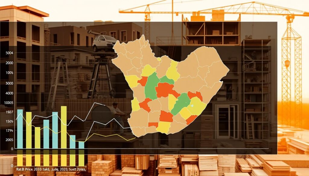 A multi-panel data visualization depicting the regional variations in building material prices across Gauteng province and South Africa. The foreground showcases a series of bar charts or line graphs, each representing a different construction material such as cement, steel, lumber, and bricks. The middle ground features a topographical map of the region, with color-coded regions indicating the relative price levels. The background contains an array of architectural details, including building facades, construction equipment, and workers, to contextually anchor the data. The lighting is a warm, natural tone, creating a subtle, professional atmosphere. The overall composition conveys a sense of analytical insight into the complex interplay of geographic, economic, and industrial factors that shape the building material price landscape in this area. A multi-panel data visualization depicting the regional variations in building material prices across Gauteng province and South Africa. The foreground showcases a series of bar charts or line graphs, each representing a different construction material such as cement, steel, lumber, and bricks. The middle ground features a topographical map of the region, with color-coded regions indicating the relative price levels. The background contains an array of architectural details, including building facades, construction equipment, and workers, to contextually anchor the data. The lighting is a warm, natural tone, creating a subtle, professional atmosphere. The overall composition conveys a sense of analytical insight into the complex interplay of geographic, economic, and industrial factors that shape the building material price landscape in this area.
