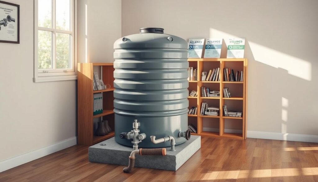 A neatly arranged room with a central focus on a water tank, showcasing its various components. The tank is positioned on a sturdy concrete base, with pipes and fittings visible, illustrating the complexity of the installation. In the background, a bookshelf displays relevant plumbing manuals and cost estimation guides. Sunlight streams in through a window, creating a warm, informative atmosphere. The scene captures the factors that contribute to the overall water tank installation cost, such as materials, labor, and necessary accessories, providing a comprehensive visual aid for the article. A neatly arranged room with a central focus on a water tank, showcasing its various components. The tank is positioned on a sturdy concrete base, with pipes and fittings visible, illustrating the complexity of the installation. In the background, a bookshelf displays relevant plumbing manuals and cost estimation guides. Sunlight streams in through a window, creating a warm, informative atmosphere. The scene captures the factors that contribute to the overall water tank installation cost, such as materials, labor, and necessary accessories, providing a comprehensive visual aid for the article.