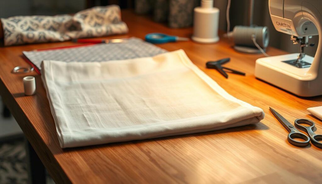 A neatly folded curtain fabric swatch sits on a wooden worktable, surrounded by sewing supplies and tools - needles, thread, scissors, and a sewing machine. The table is illuminated by soft, warm lighting, casting gentle shadows and highlights on the fabric. In the background, a swatch of patterned fabric and a roll of matching curtain material can be seen, hinting at the wide selection of curtain restoration options available. The scene conveys a sense of professional expertise, attention to detail, and the care taken in providing high-quality curtain repair and restoration services. A neatly folded curtain fabric swatch sits on a wooden worktable, surrounded by sewing supplies and tools - needles, thread, scissors, and a sewing machine. The table is illuminated by soft, warm lighting, casting gentle shadows and highlights on the fabric. In the background, a swatch of patterned fabric and a roll of matching curtain material can be seen, hinting at the wide selection of curtain restoration options available. The scene conveys a sense of professional expertise, attention to detail, and the care taken in providing high-quality curtain repair and restoration services.