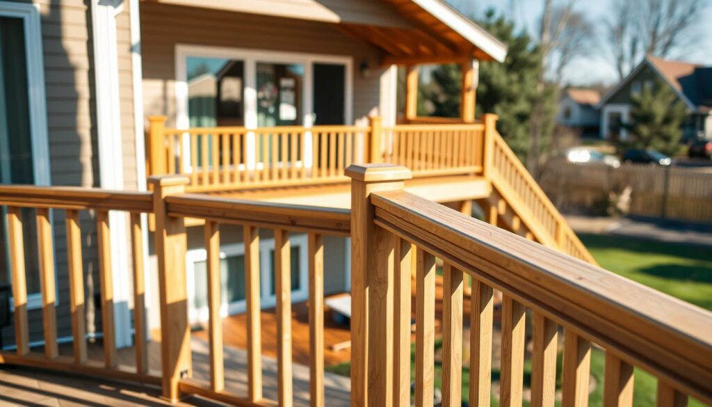 A neatly installed residential deck with a sturdy wooden railing system in the foreground. The railing features a clean, modern design with evenly spaced balusters and a smooth top rail. In the middle ground, a well-constructed balcony with a matching railing system overlooks a peaceful suburban neighborhood. The scene is bathed in warm, natural lighting, casting soft shadows and highlights that accentuate the textures of the wood and metal components. The overall composition conveys a sense of quality craftsmanship and attention to detail in the handrail installation. A neatly installed residential deck with a sturdy wooden railing system in the foreground. The railing features a clean, modern design with evenly spaced balusters and a smooth top rail. In the middle ground, a well-constructed balcony with a matching railing system overlooks a peaceful suburban neighborhood. The scene is bathed in warm, natural lighting, casting soft shadows and highlights that accentuate the textures of the wood and metal components. The overall composition conveys a sense of quality craftsmanship and attention to detail in the handrail installation.