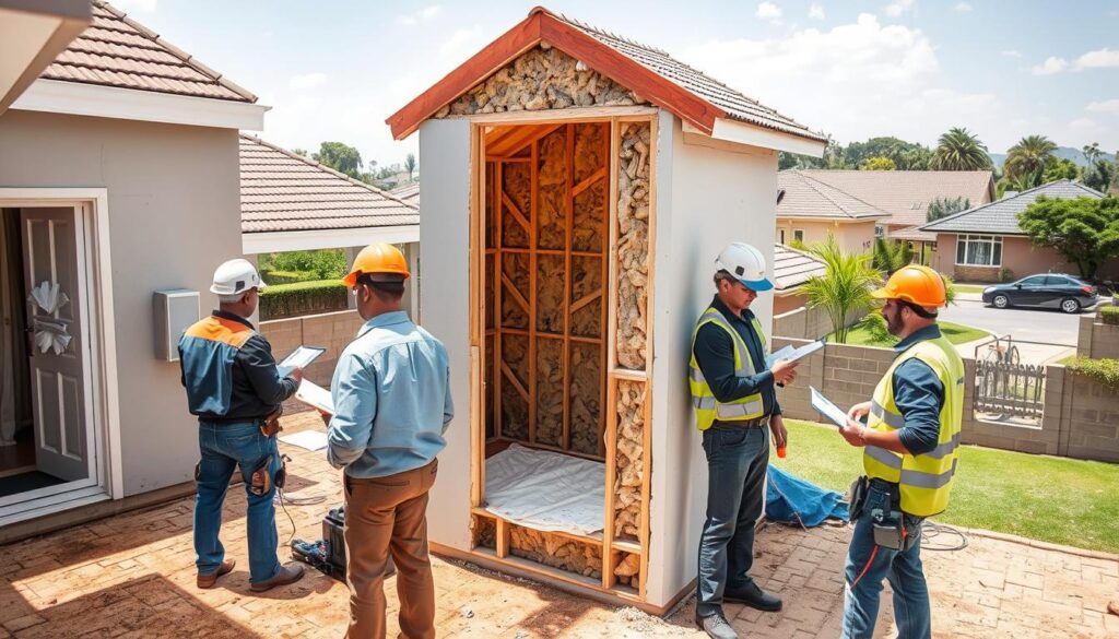 A neatly organized construction site showcasing the various stages of insulation repair assessment in a residential setting in South Africa. The foreground depicts a team of skilled technicians closely inspecting wall cavities and roof spaces, carrying clipboards and tools. The middle ground features a partially dismantled wall section, exposing the insulation material, with the technicians evaluating its condition. In the background, a well-maintained suburban neighborhood provides the contextual setting, with lush greenery and clear skies. The lighting is natural, casting soft shadows and highlighting the details of the assessment process. The overall mood conveys a sense of professional expertise and attention to detail in addressing the insulation repair needs. A neatly organized construction site showcasing the various stages of insulation repair assessment in a residential setting in South Africa. The foreground depicts a team of skilled technicians closely inspecting wall cavities and roof spaces, carrying clipboards and tools. The middle ground features a partially dismantled wall section, exposing the insulation material, with the technicians evaluating its condition. In the background, a well-maintained suburban neighborhood provides the contextual setting, with lush greenery and clear skies. The lighting is natural, casting soft shadows and highlighting the details of the assessment process. The overall mood conveys a sense of professional expertise and attention to detail in addressing the insulation repair needs.