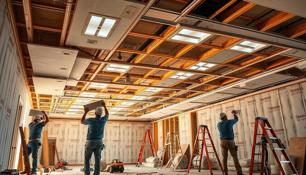 A neatly organized construction site with a focus on the ceiling installation process. In the foreground, workers diligently install drywall panels, their movements captured in a dynamic, realistic manner. The middle ground showcases various tools and materials, such as power tools, ladders, and insulation rolls, all strategically placed. The background features a partially constructed ceiling, revealing the intricate network of support beams and lighting fixtures. Warm, directional lighting casts soft shadows, creating a sense of depth and emphasizing the technical aspects of the task at hand. The overall scene conveys a sense of efficiency, professionalism, and attention to detail in the ceiling installation process. A neatly organized construction site with a focus on the ceiling installation process. In the foreground, workers diligently install drywall panels, their movements captured in a dynamic, realistic manner. The middle ground showcases various tools and materials, such as power tools, ladders, and insulation rolls, all strategically placed. The background features a partially constructed ceiling, revealing the intricate network of support beams and lighting fixtures. Warm, directional lighting casts soft shadows, creating a sense of depth and emphasizing the technical aspects of the task at hand. The overall scene conveys a sense of efficiency, professionalism, and attention to detail in the ceiling installation process.