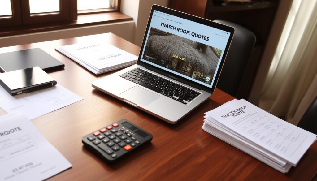 A neatly organized desk with a laptop, calculator, and a stack of papers displaying "Thatch Roof Quotes". On the laptop screen, a web page showcases detailed pricing information for thatch roofing per square meter. The desktop is illuminated by a warm, natural light from a window, creating a professional and inviting atmosphere. The overall scene conveys efficiency, attention to detail, and a commitment to providing transparent and competitive thatch roofing quotes to potential customers. A neatly organized desk with a laptop, calculator, and a stack of papers displaying "Thatch Roof Quotes". On the laptop screen, a web page showcases detailed pricing information for thatch roofing per square meter. The desktop is illuminated by a warm, natural light from a window, creating a professional and inviting atmosphere. The overall scene conveys efficiency, attention to detail, and a commitment to providing transparent and competitive thatch roofing quotes to potential customers.