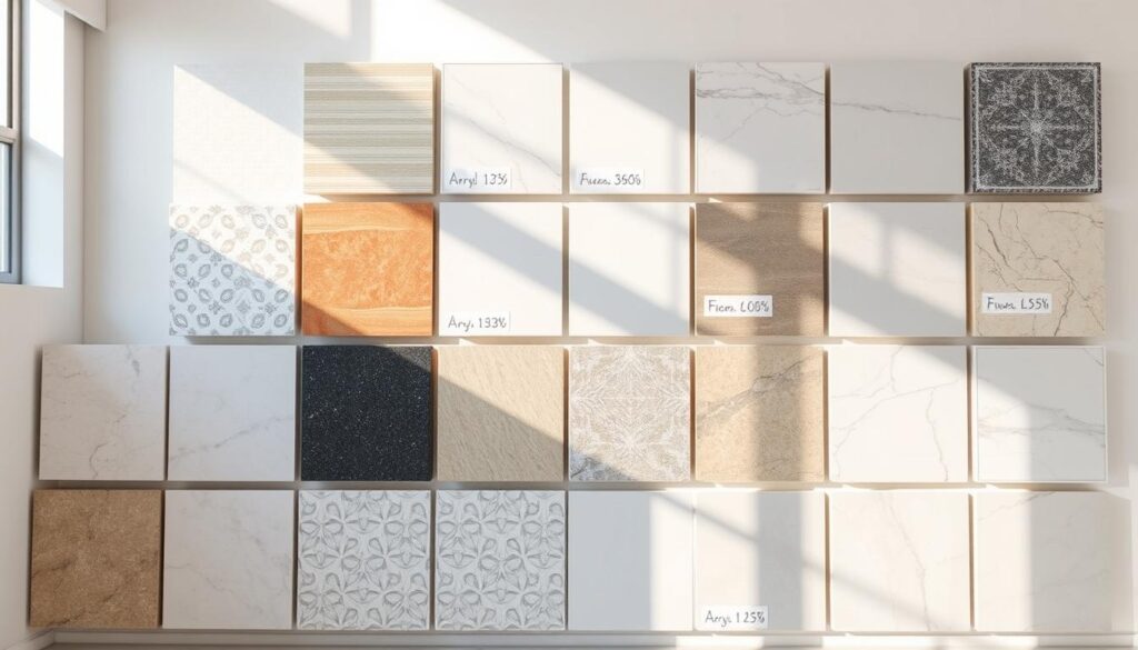 A neatly organized display of various bath replacement materials, including tiles, acrylic, and natural stone, showcased against a clean, minimalist background. The materials are arranged in a grid layout, each with a small label indicating the material type and an estimated cost range. Warm, directional lighting from the top-left casts subtle shadows, emphasizing the textures and finishes of the materials. The overall composition conveys a sense of informative comparison, allowing the viewer to visually assess the relative costs and characteristics of different bath replacement options. A neatly organized display of various bath replacement materials, including tiles, acrylic, and natural stone, showcased against a clean, minimalist background. The materials are arranged in a grid layout, each with a small label indicating the material type and an estimated cost range. Warm, directional lighting from the top-left casts subtle shadows, emphasizing the textures and finishes of the materials. The overall composition conveys a sense of informative comparison, allowing the viewer to visually assess the relative costs and characteristics of different bath replacement options.