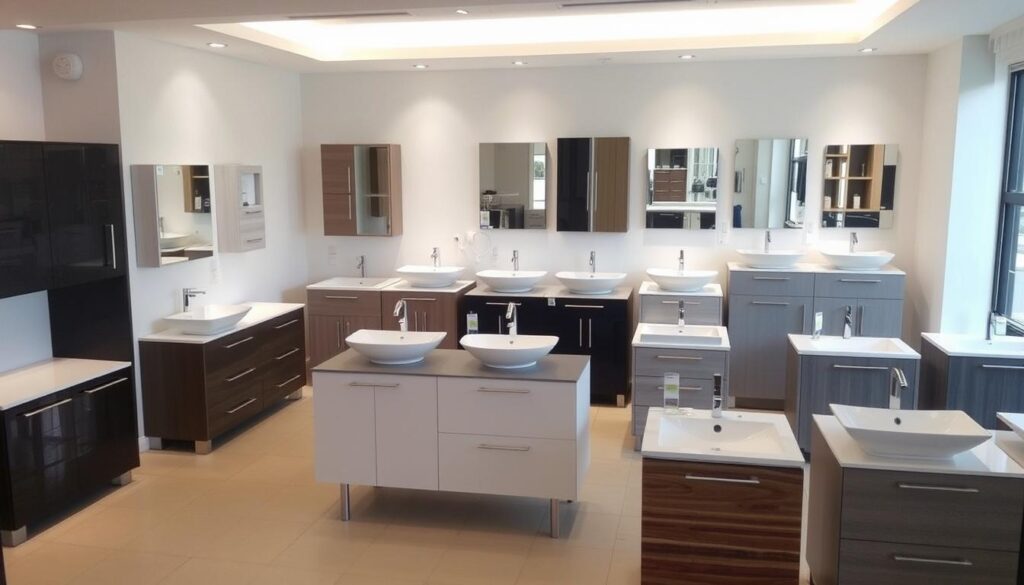 A neatly organized display of various vanity basins and installation options in a modern, well-lit showroom. The foreground features a selection of stylish vanity units in a range of materials and finishes, positioned against a clean, minimalist backdrop. The middle ground showcases different vanity basin designs, from sleek vessel sinks to undermount options, each highlighted with precise lighting to accentuate their unique features. In the background, subtle signage or price tags provide relevant information to potential customers, creating a professional, informative atmosphere. The overall scene conveys a sense of quality, attention to detail, and a comprehensive range of vanity installation solutions readily available in the local Pretoria area. A neatly organized display of various vanity basins and installation options in a modern, well-lit showroom. The foreground features a selection of stylish vanity units in a range of materials and finishes, positioned against a clean, minimalist backdrop. The middle ground showcases different vanity basin designs, from sleek vessel sinks to undermount options, each highlighted with precise lighting to accentuate their unique features. In the background, subtle signage or price tags provide relevant information to potential customers, creating a professional, informative atmosphere. The overall scene conveys a sense of quality, attention to detail, and a comprehensive range of vanity installation solutions readily available in the local Pretoria area.