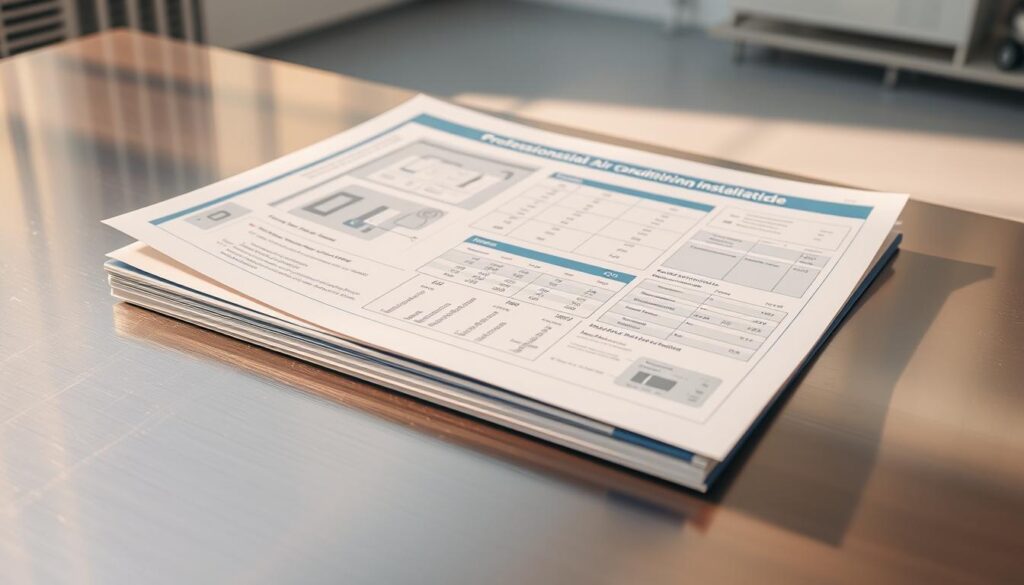 A neatly organized professional air conditioning installation price guide, presented on a sleek metallic surface. The guide features detailed schematics, technical specifications, and cost breakdowns for various air conditioning unit sizes and installation complexities. Warm, directional lighting casts shadows that accentuate the guide's precision and authority. The background is a clean, minimalist workspace, hinting at the expertise and care required for a professional HVAC installation. The overall tone is one of informative practicality, inspiring confidence in the viewer's ability to make an informed decision. A neatly organized professional air conditioning installation price guide, presented on a sleek metallic surface. The guide features detailed schematics, technical specifications, and cost breakdowns for various air conditioning unit sizes and installation complexities. Warm, directional lighting casts shadows that accentuate the guide's precision and authority. The background is a clean, minimalist workspace, hinting at the expertise and care required for a professional HVAC installation. The overall tone is one of informative practicality, inspiring confidence in the viewer's ability to make an informed decision.