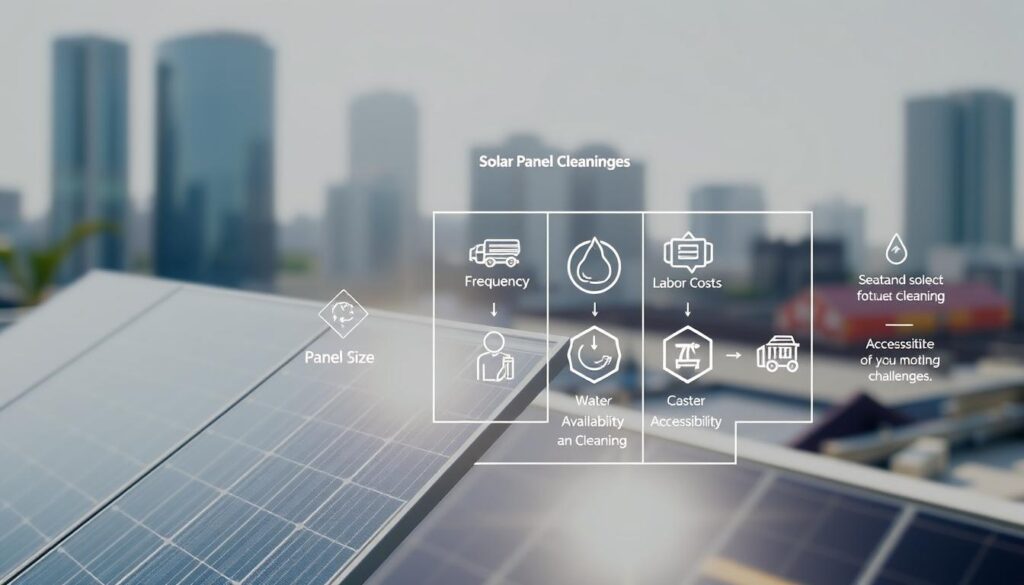 A neatly organized schematic diagram showcasing the key factors affecting the cost of solar panel cleaning. In the foreground, a clean, well-maintained solar panel stands prominently, its surface reflecting the sun's rays. In the middle ground, several icons and infographic elements illustrate the primary variables, such as panel size, frequency of cleaning, water availability, labor costs, and accessibility challenges. The background features a blurred cityscape, hinting at the urban setting where the solar panels are installed. The overall tone is informative and technical, with a focus on providing a clear, data-driven visual aid to support the article's content. A neatly organized schematic diagram showcasing the key factors affecting the cost of solar panel cleaning. In the foreground, a clean, well-maintained solar panel stands prominently, its surface reflecting the sun's rays. In the middle ground, several icons and infographic elements illustrate the primary variables, such as panel size, frequency of cleaning, water availability, labor costs, and accessibility challenges. The background features a blurred cityscape, hinting at the urban setting where the solar panels are installed. The overall tone is informative and technical, with a focus on providing a clear, data-driven visual aid to support the article's content.