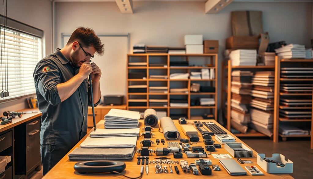 A neatly organized workshop filled with professional-grade motorized blind installation tools and equipment. In the foreground, a technician carefully measuring and inspecting the mechanisms of a motorized blind system. In the middle ground, various blind fabrics, remote controls, and installation hardware are displayed on a workbench under warm, focused lighting. The background showcases a minimalist, clean workspace with shelves stocked with additional blind components, creating an atmosphere of expertise and precision. The overall scene conveys the reliable, high-quality services of a leading motorized blind installation provider. A neatly organized workshop filled with professional-grade motorized blind installation tools and equipment. In the foreground, a technician carefully measuring and inspecting the mechanisms of a motorized blind system. In the middle ground, various blind fabrics, remote controls, and installation hardware are displayed on a workbench under warm, focused lighting. The background showcases a minimalist, clean workspace with shelves stocked with additional blind components, creating an atmosphere of expertise and precision. The overall scene conveys the reliable, high-quality services of a leading motorized blind installation provider.