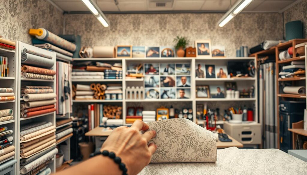 A neatly organized workshop filled with professional tools and equipment for wallpaper repair and maintenance. In the foreground, a close-up view of a technician's hands carefully mending a damaged section of wallpaper, applying adhesive and smoothing the surface. In the middle ground, shelves stocked with an assortment of wallpaper rolls, adhesives, and specialized tools. The background showcases an array of before-and-after images showcasing the team's expertise in restoring wallpapers to pristine condition. Warm, diffused lighting from overhead fixtures creates a welcoming atmosphere, conveying the care and attention dedicated to each wallpaper repair project. A neatly organized workshop filled with professional tools and equipment for wallpaper repair and maintenance. In the foreground, a close-up view of a technician's hands carefully mending a damaged section of wallpaper, applying adhesive and smoothing the surface. In the middle ground, shelves stocked with an assortment of wallpaper rolls, adhesives, and specialized tools. The background showcases an array of before-and-after images showcasing the team's expertise in restoring wallpapers to pristine condition. Warm, diffused lighting from overhead fixtures creates a welcoming atmosphere, conveying the care and attention dedicated to each wallpaper repair project.